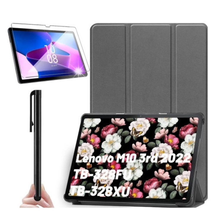 Etui pentru tableta Alogy Book Cover, gri, pentru Lenovo Tab M10 3gen 10.1" 2022, cu functie de suport, set cu sticla si stylus