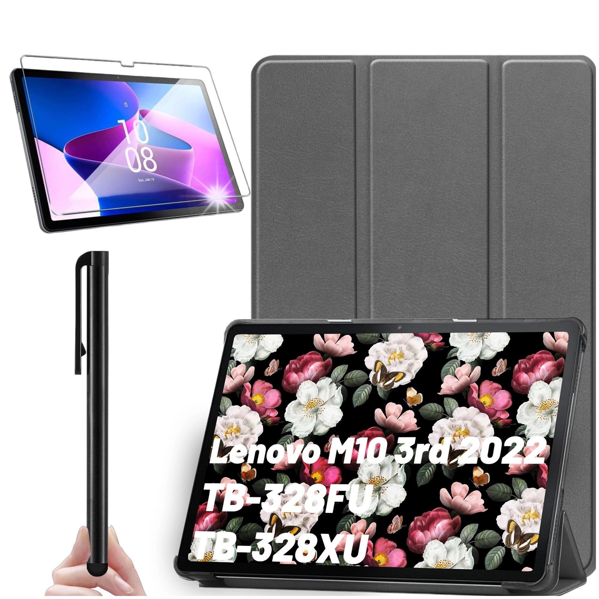 Etui pentru tableta Alogy Book Cover, gri, pentru Lenovo Tab M10 3gen 10.1" 2022, cu functie de suport, set cu sticla si stylus