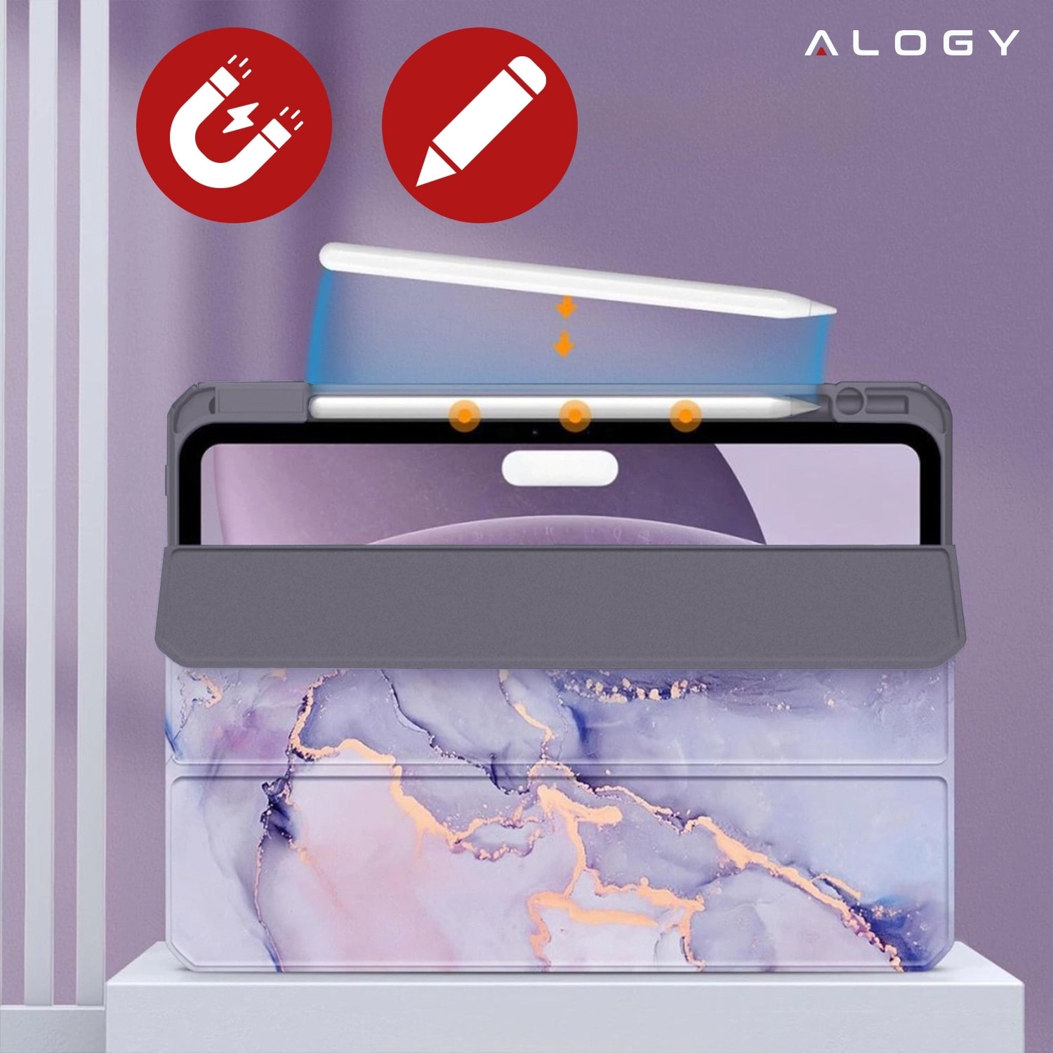 Husa tableta Alogy Hybrid Book Cover Marble Fiolet, cu suport pentru Apple Pencil, pentru iPad Air 11" (2024,2025) / Air 10.9" (2020,2022) / Pro 11 (2018)