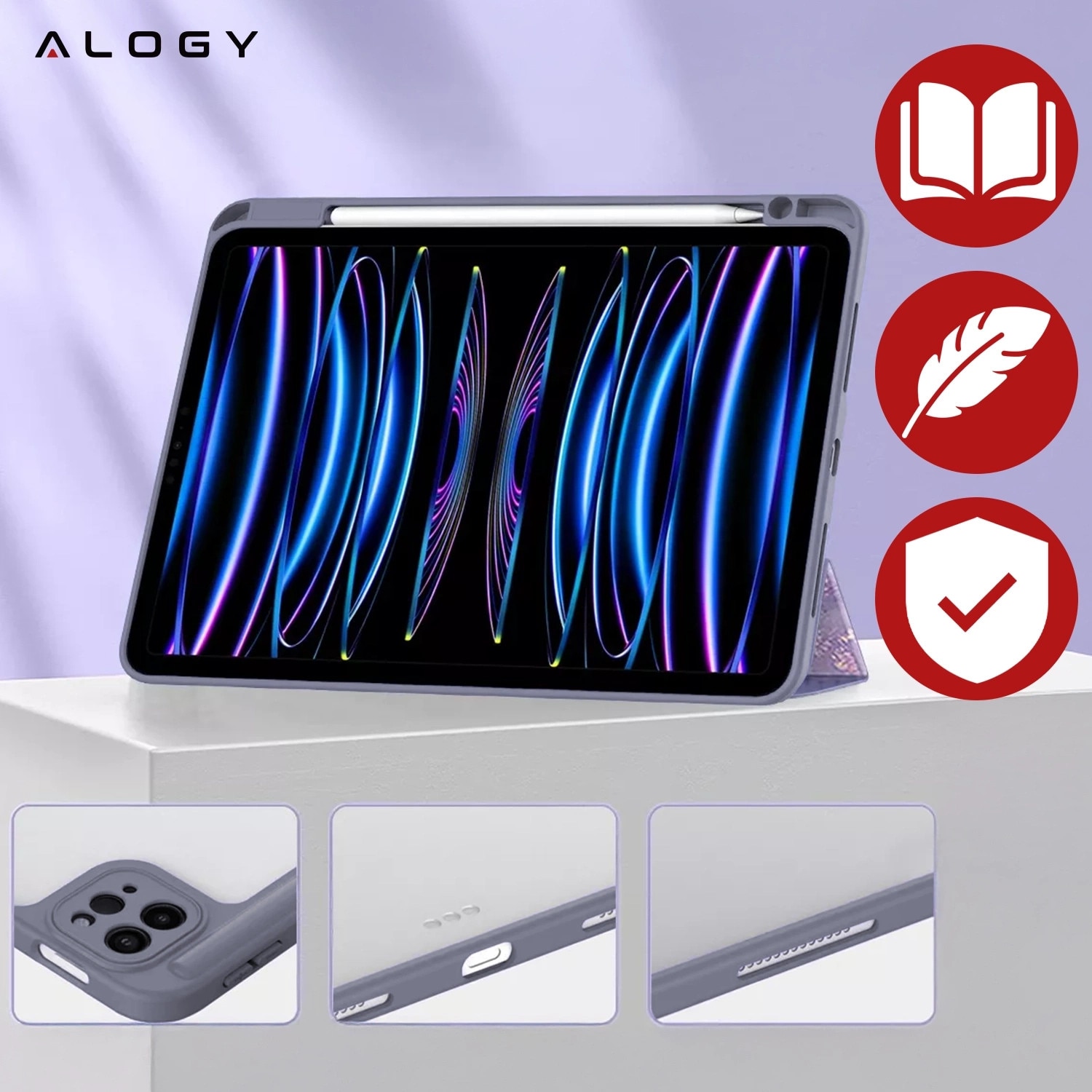 Husa tableta Alogy Hybrid Book Cover Marble Fiolet, cu suport pentru Apple Pencil, pentru iPad Air 11" (2024,2025) / Air 10.9" (2020,2022) / Pro 11 (2018)