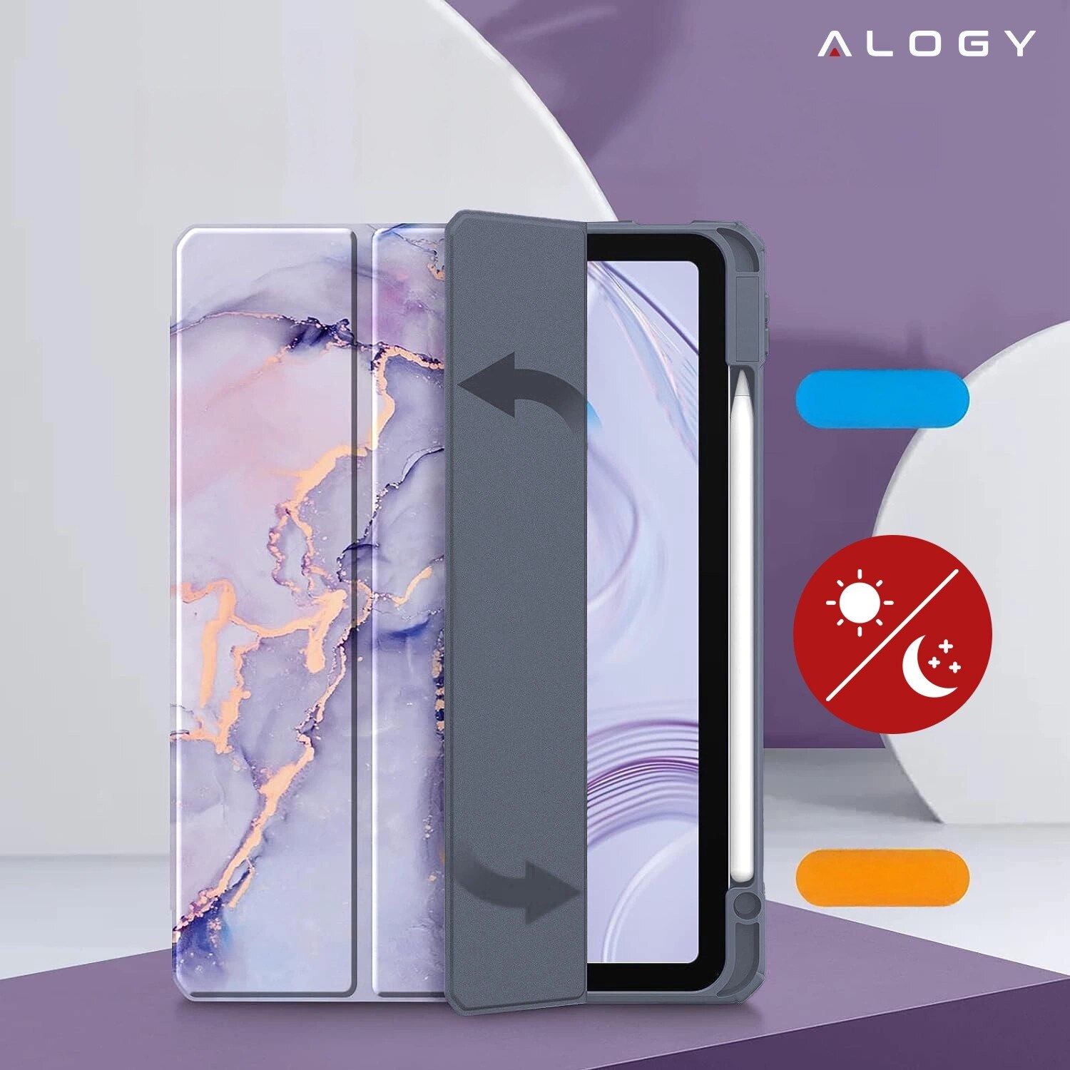 Husa tableta Alogy Hybrid Book Cover Marble Fiolet, cu suport pentru Apple Pencil, pentru iPad Air 11" (2024,2025) / Air 10.9" (2020,2022) / Pro 11 (2018)