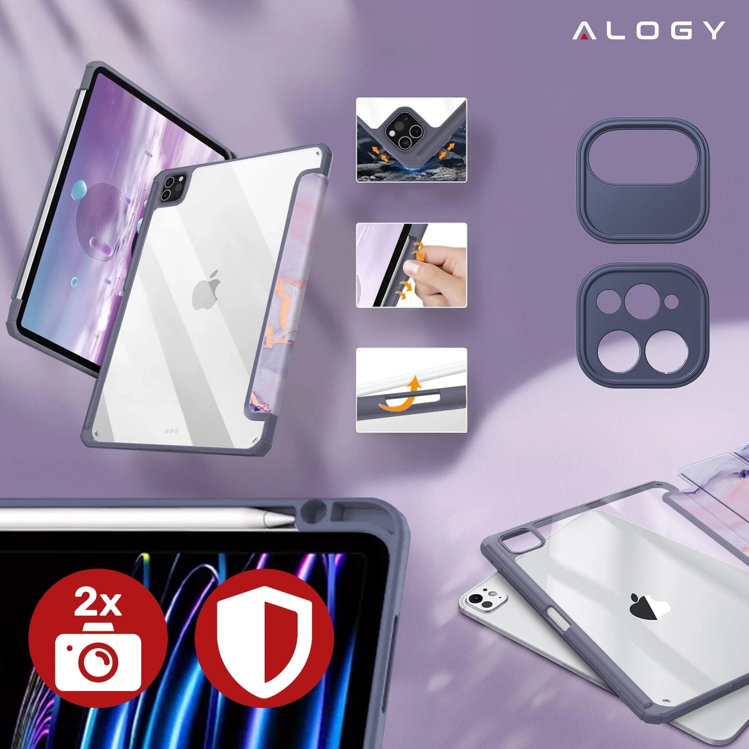 Husa tableta Alogy Hybrid Book Cover Marble Fiolet, cu suport pentru Apple Pencil, pentru iPad Air 11" (2024,2025) / Air 10.9" (2020,2022) / Pro 11 (2018)