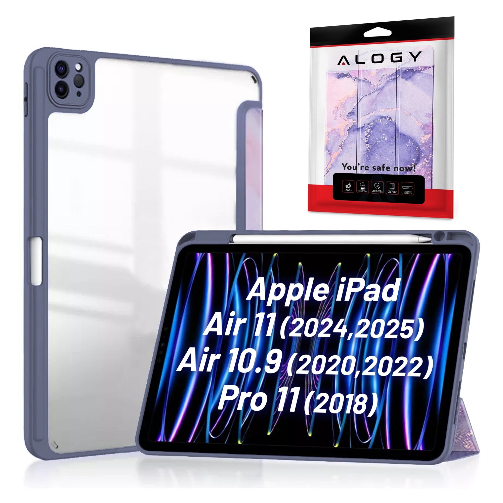 Husa tableta Alogy Hybrid Book Cover Marble Fiolet, cu suport pentru Apple Pencil, pentru iPad Air 11" (2024,2025) / Air 10.9" (2020,2022) / Pro 11 (2018)