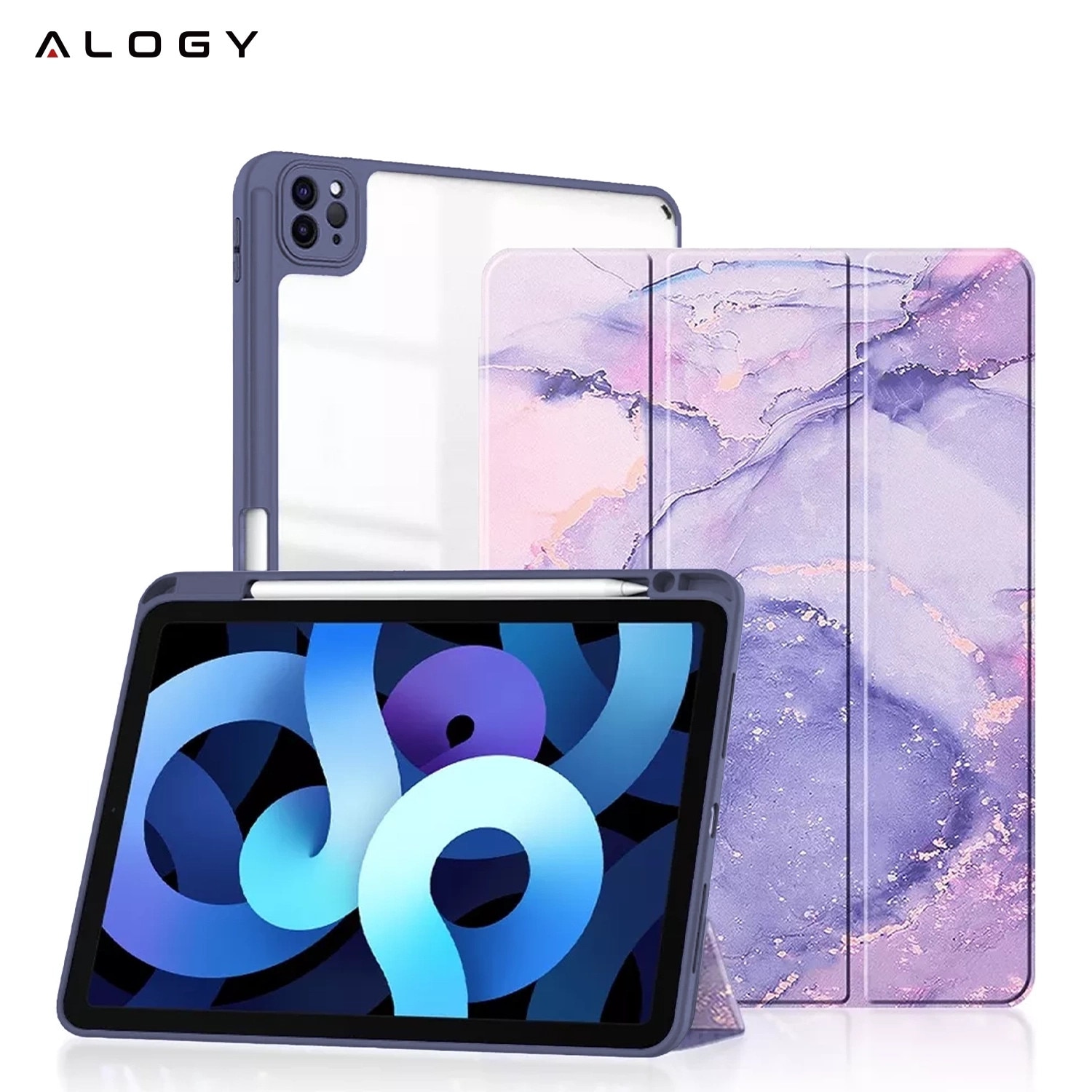 Husa tableta Alogy Hybrid Book Cover Marble Fiolet, cu suport pentru Apple Pencil, pentru iPad Air 11" (2024,2025) / Air 10.9" (2020,2022) / Pro 11 (2018)