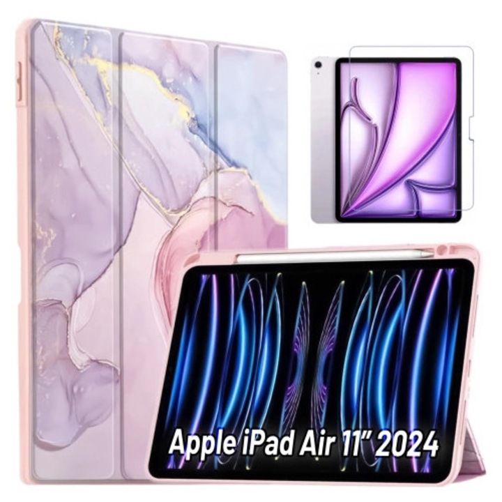 Hibrid tok stylus tartóval Apple iPad Air 11" (2024,2025) / Air 10.9" (2020,2022) / Pro 11 (2018) készülékhez, márványrózsaszín, 1x Alogy könyvtok