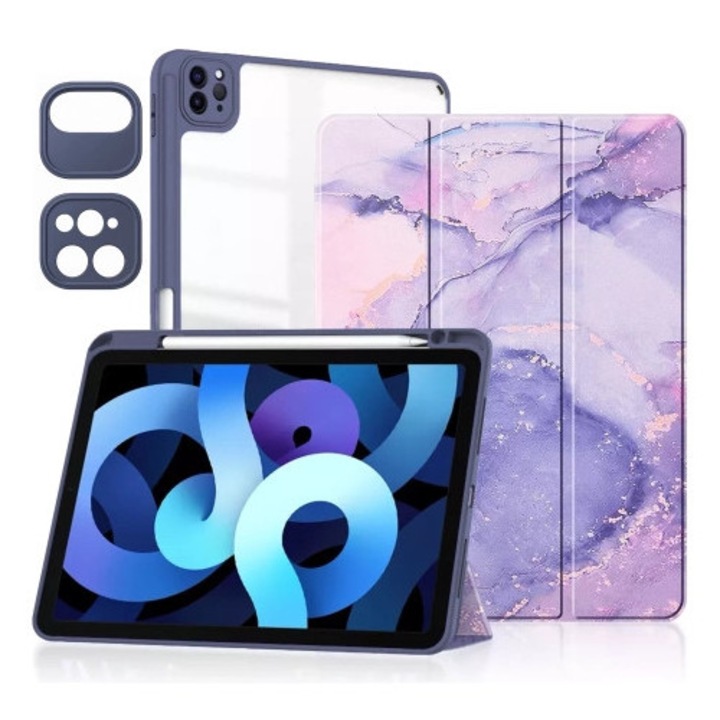 Husa tableta Alogy Hybrid Book Cover Marble Fiolet, cu suport pentru Apple Pencil, pentru iPad Air 11" (2024,2025) / Air 10.9" (2020,2022) / Pro 11 (2018)