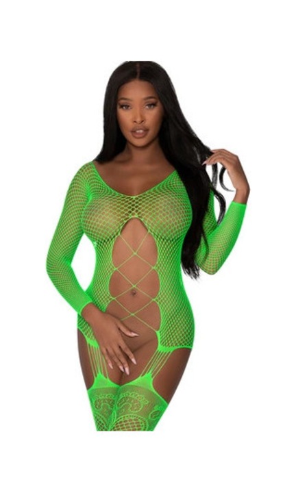 Bodystocking sexy Magic Silk, fara cusaturi, din plasa, cu portjartiere, One Size INTL