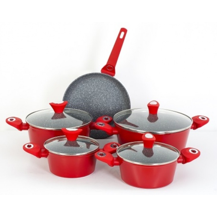 Set oale 9 piese, Zilan ZLN-3260, aluminiu cu interior granit, compatibil inductie, rosu, dimensiuni variate 18x20x24x28cm, tigaie 26cm