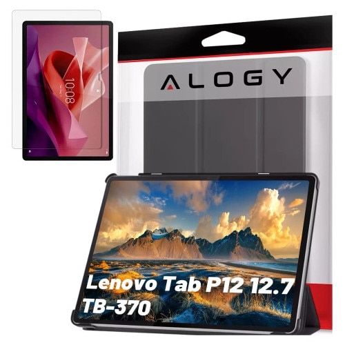 Etui cu clapa Alogy Book Cover Case pentru Lenovo Tab P12 12.7 TB-370, negru, cu functie Sleep/Wake Up, set cu sticla.