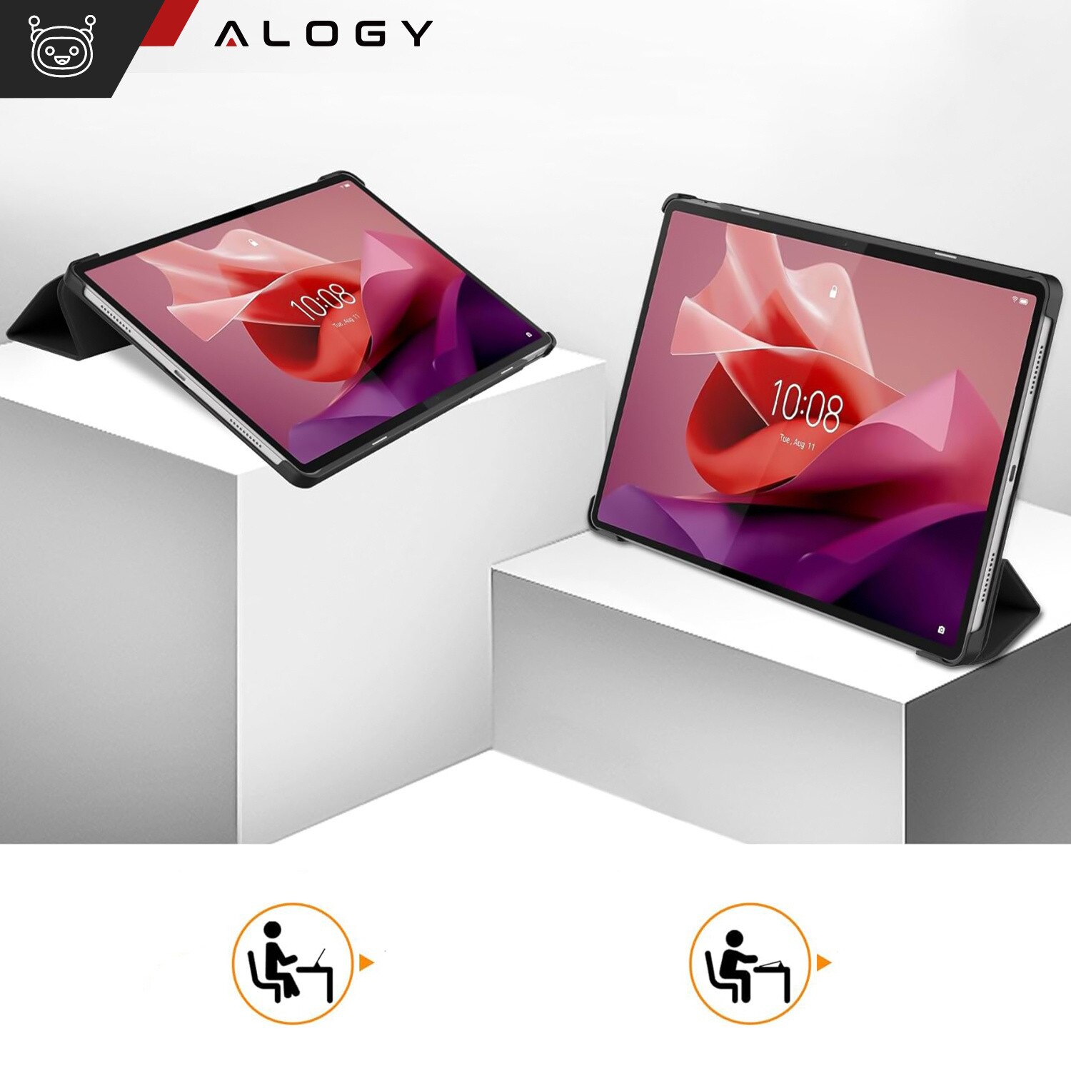 Etui cu clapa Alogy Book Cover Case pentru Lenovo Tab P12 12.7 TB-370, negru, cu functie Sleep/Wake Up, set cu sticla.