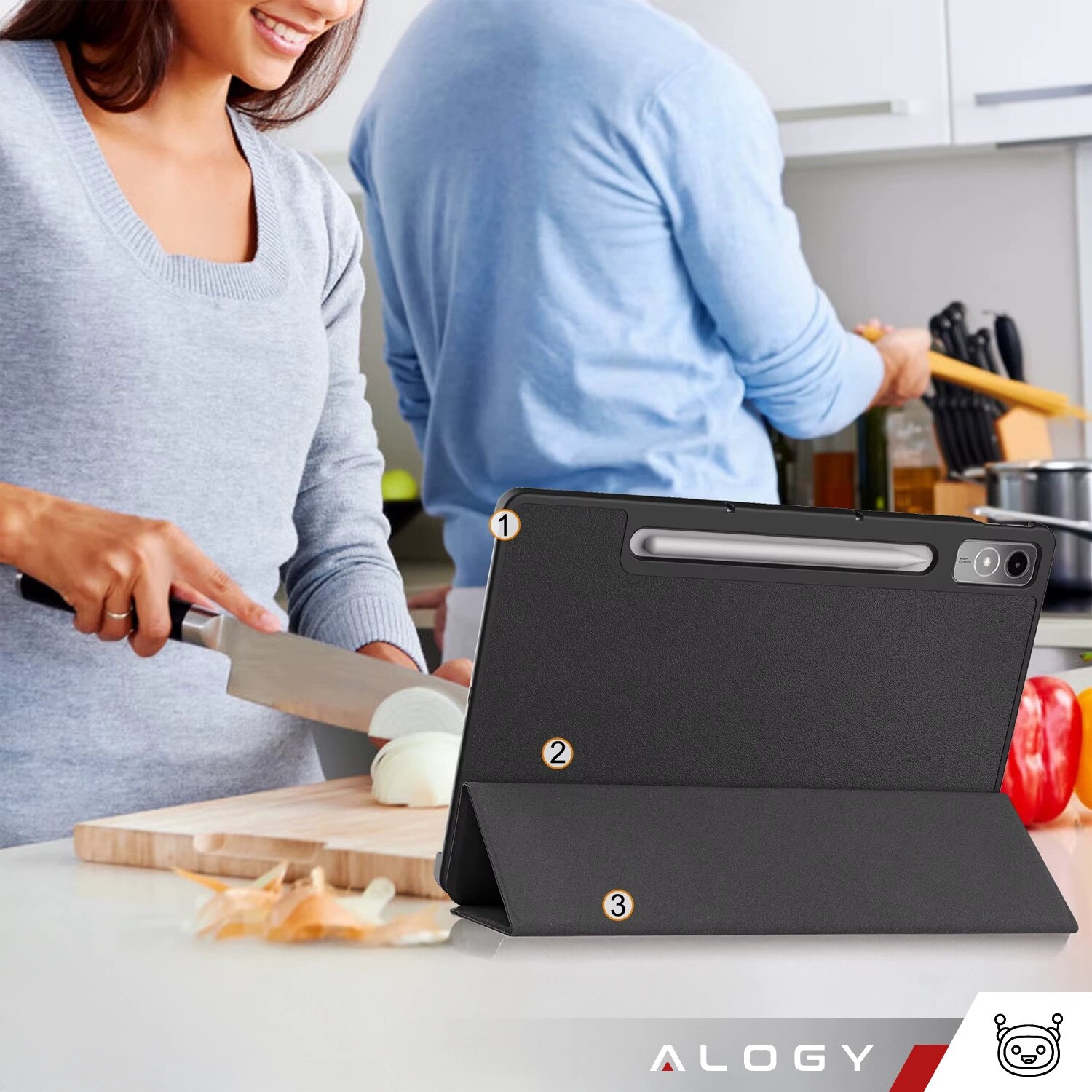Etui cu clapa Alogy Book Cover Case pentru Lenovo Tab P12 12.7 TB-370, negru, cu functie Sleep/Wake Up, set cu sticla.