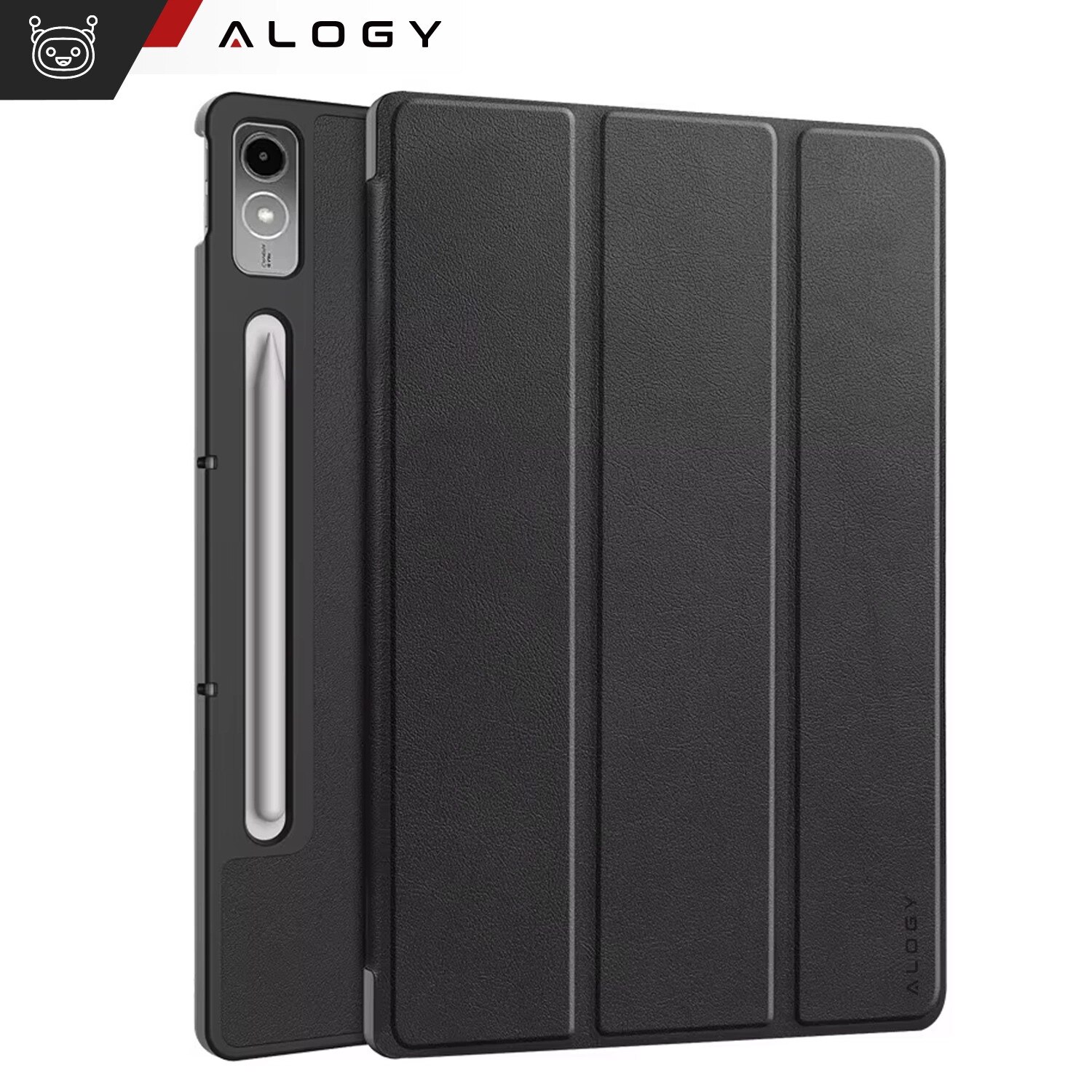 Etui cu clapa Alogy Book Cover Case pentru Lenovo Tab P12 12.7 TB-370, negru, cu functie Sleep/Wake Up, set cu sticla.