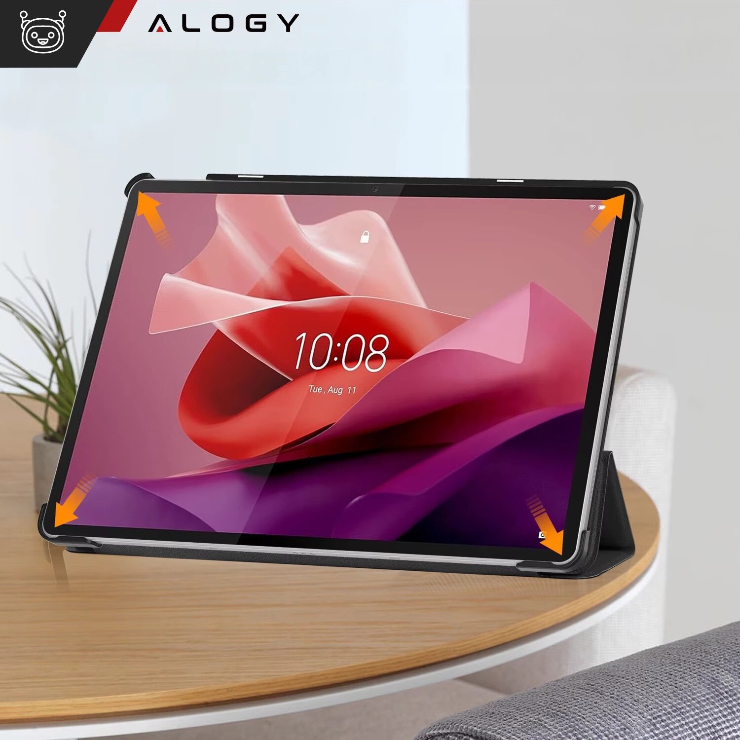 Etui cu clapa Alogy Book Cover Case pentru Lenovo Tab P12 12.7 TB-370, negru, cu functie Sleep/Wake Up, set cu sticla.