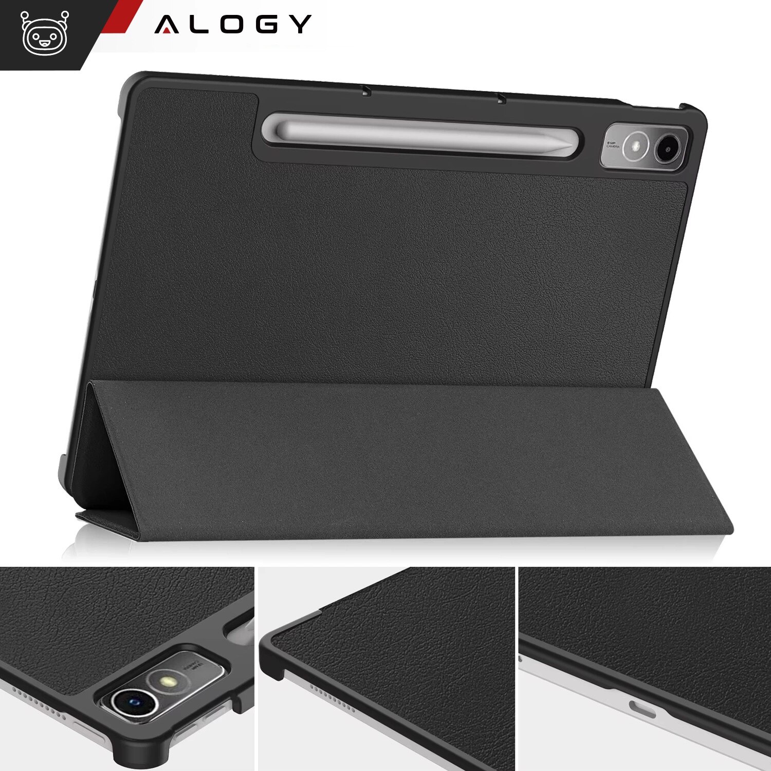 Etui cu clapa Alogy Book Cover Case pentru Lenovo Tab P12 12.7 TB-370, negru, cu functie Sleep/Wake Up, set cu sticla.