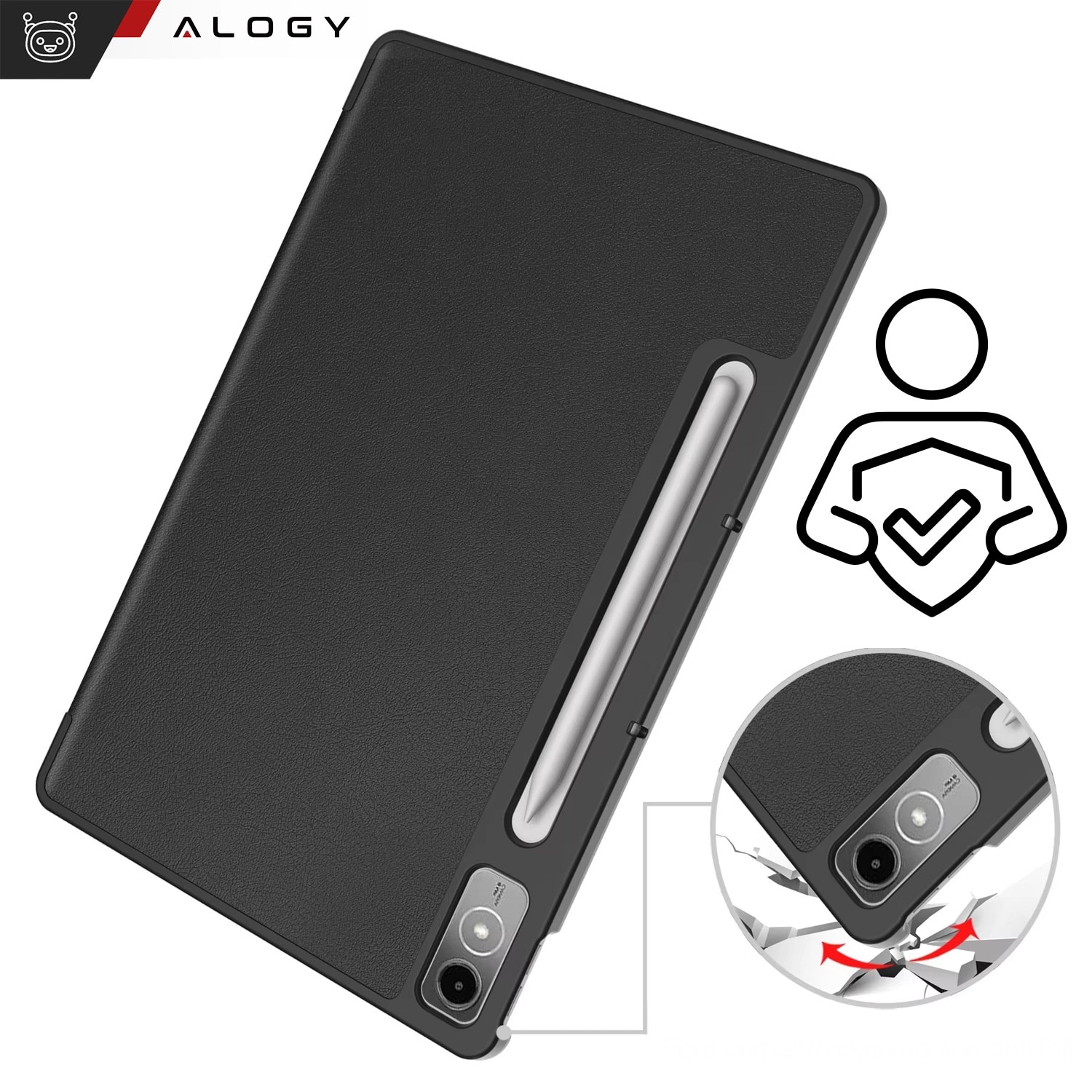 Etui cu clapa Alogy Book Cover Case pentru Lenovo Tab P12 12.7 TB-370, negru, cu functie Sleep/Wake Up, set cu sticla.