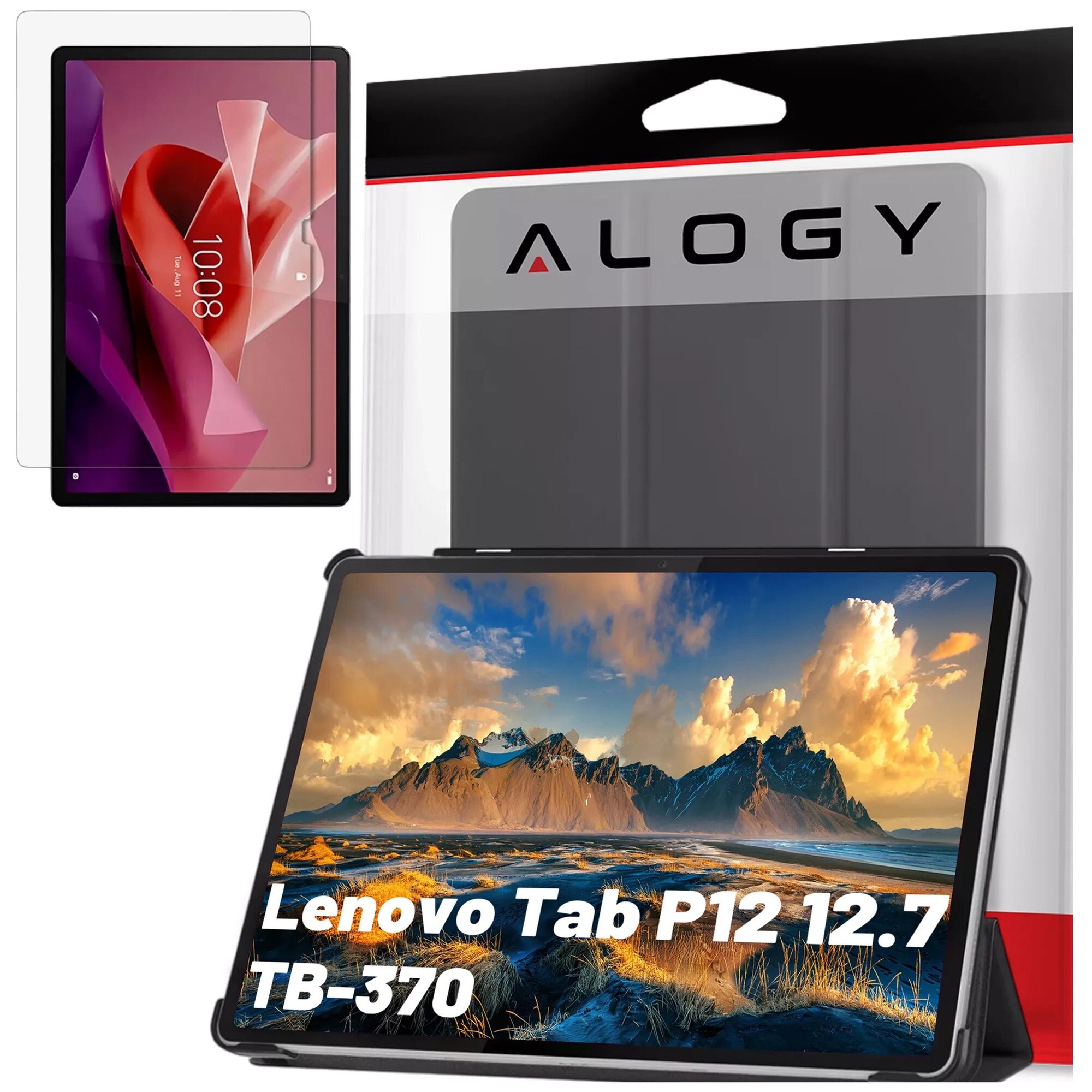 Etui cu clapa Alogy Book Cover Case pentru Lenovo Tab P12 12.7 TB-370, negru, cu functie Sleep/Wake Up, set cu sticla.