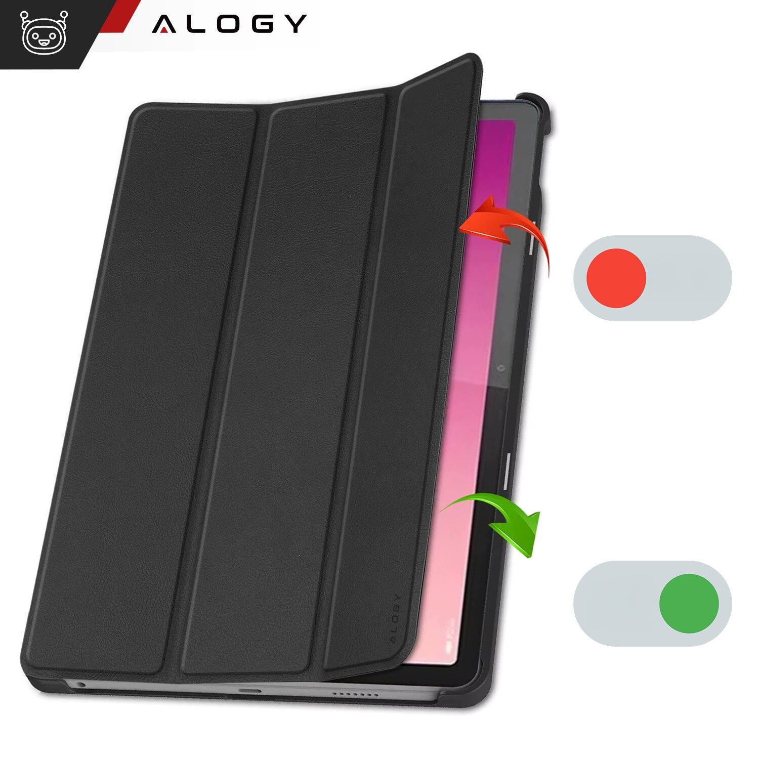 Etui cu clapa Alogy Book Cover Case pentru Lenovo Tab P12 12.7 TB-370, negru, cu functie Sleep/Wake Up, set cu sticla.