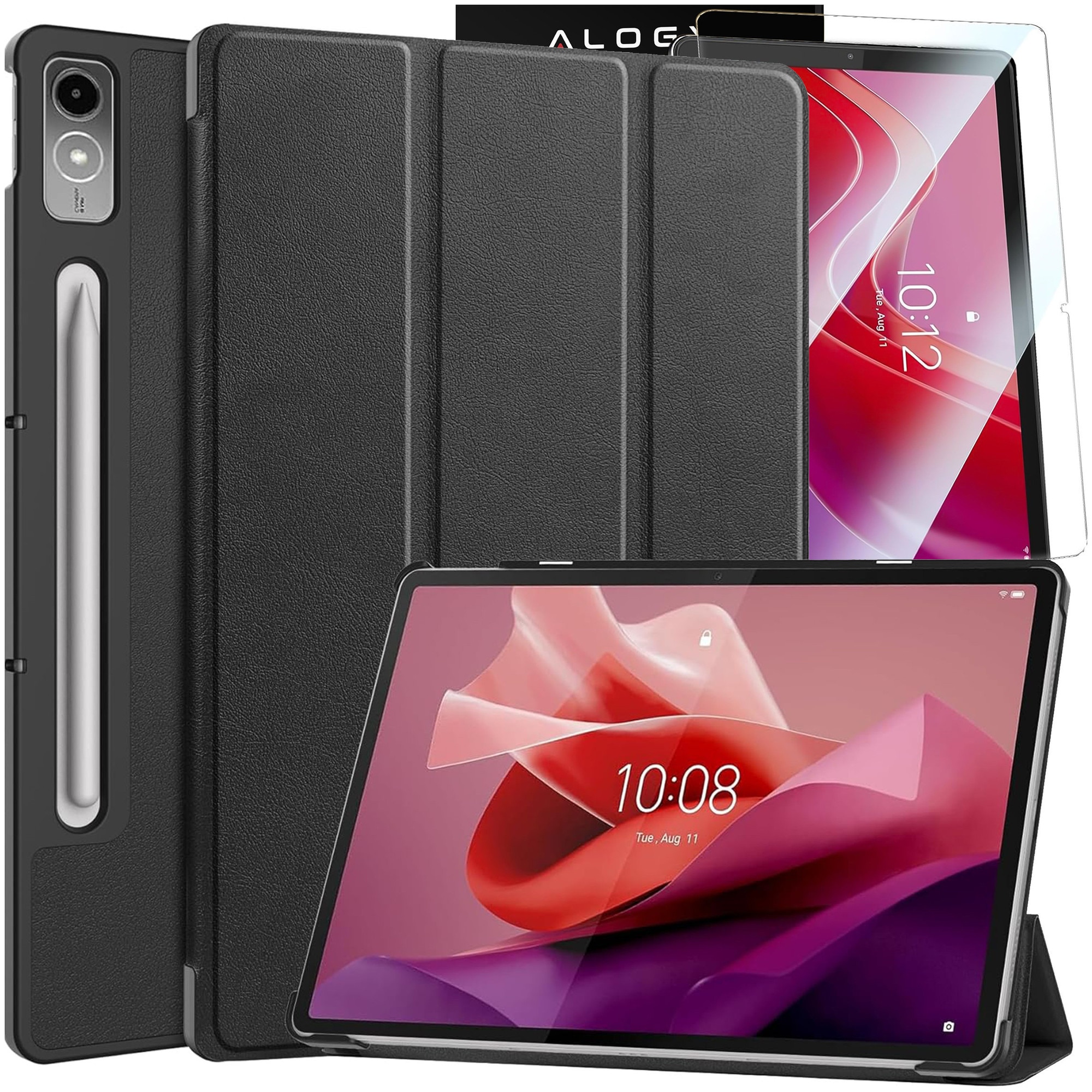 Etui cu clapa Alogy Book Cover Case pentru Lenovo Tab P12 12.7 TB-370, negru, cu functie Sleep/Wake Up, set cu sticla.