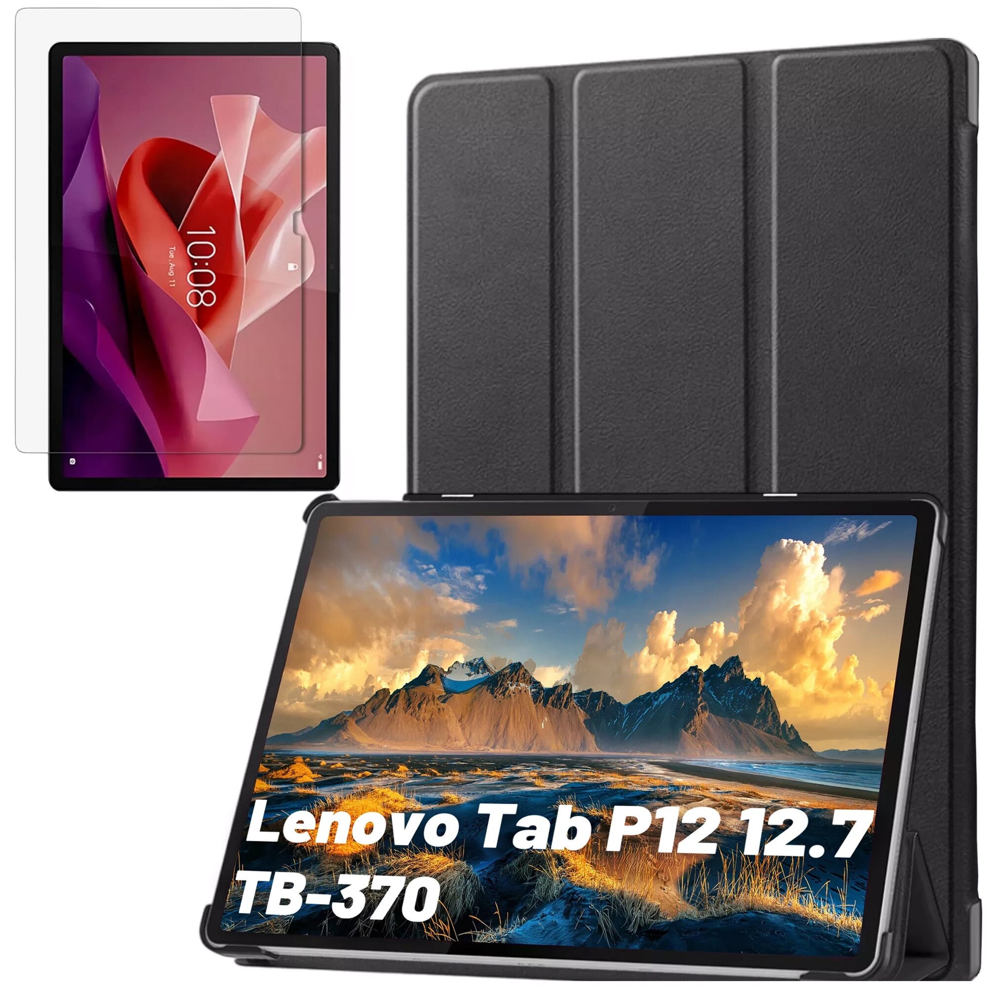 Etui cu clapa Alogy Book Cover Case pentru Lenovo Tab P12 12.7 TB-370, negru, cu functie Sleep/Wake Up, set cu sticla.