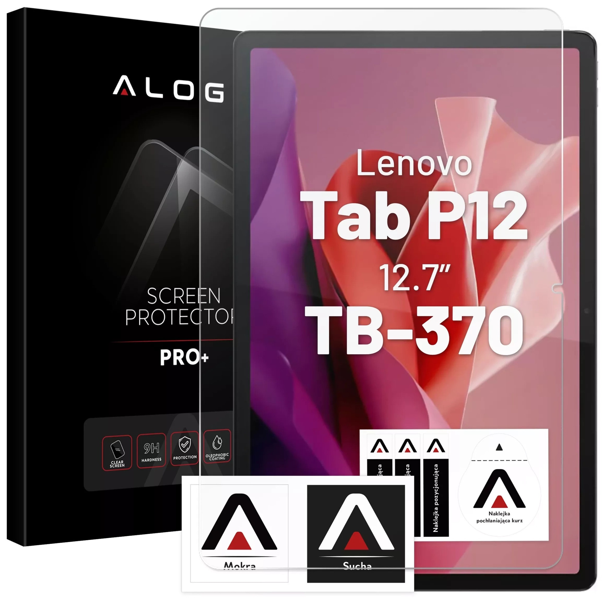 Etui cu clapa Alogy Book Cover Case pentru Lenovo Tab P12 12.7 TB-370, negru, cu functie Sleep/Wake Up, set cu sticla.
