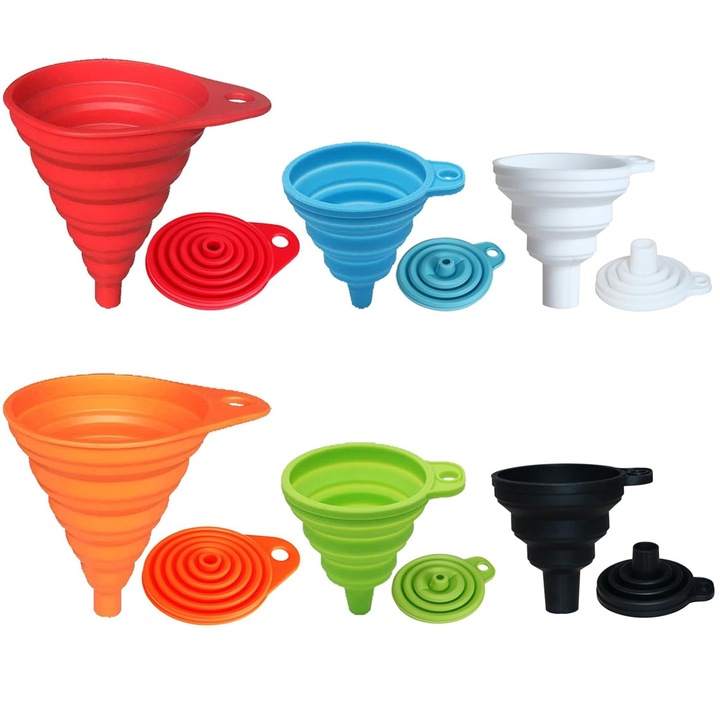 Комплект от 6 сгъваеми фунии, Axroad Mall, Универсална силиконова фуния, Устойчивост на висока температура, Прецизно дозиране, Не абсорбира миризми, Без BPA, Спестяваща място, 11*10.5 см, 8*7.5 см, Многоцветна