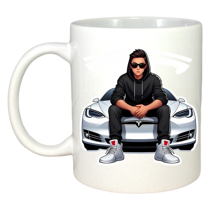 Cana Still Cool Tesla Car, Cri-Flo, Ceramica, 330ml., Maner si interior Alb