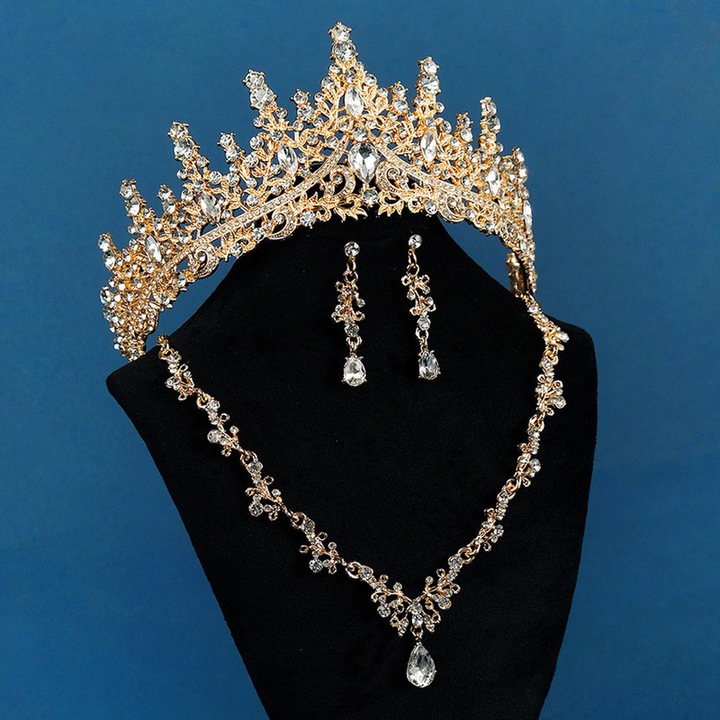 Set bijuterii mireasa (coroana + colier + cercei) - Accesorii nunta cu cristale stralucitoare, Aliaj de zinc, Auriu
