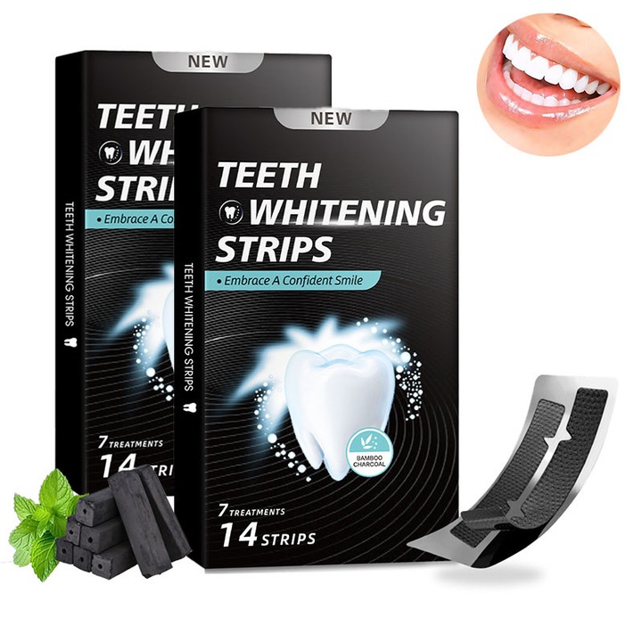 Set pentru albirea dintilor cu carbune activ, peroxid in concentratie scazuta, fara iritare, fara aciditate, bland si confortabil, fixare sigura, 14 perechi/28 placi, aroma de menta, negru