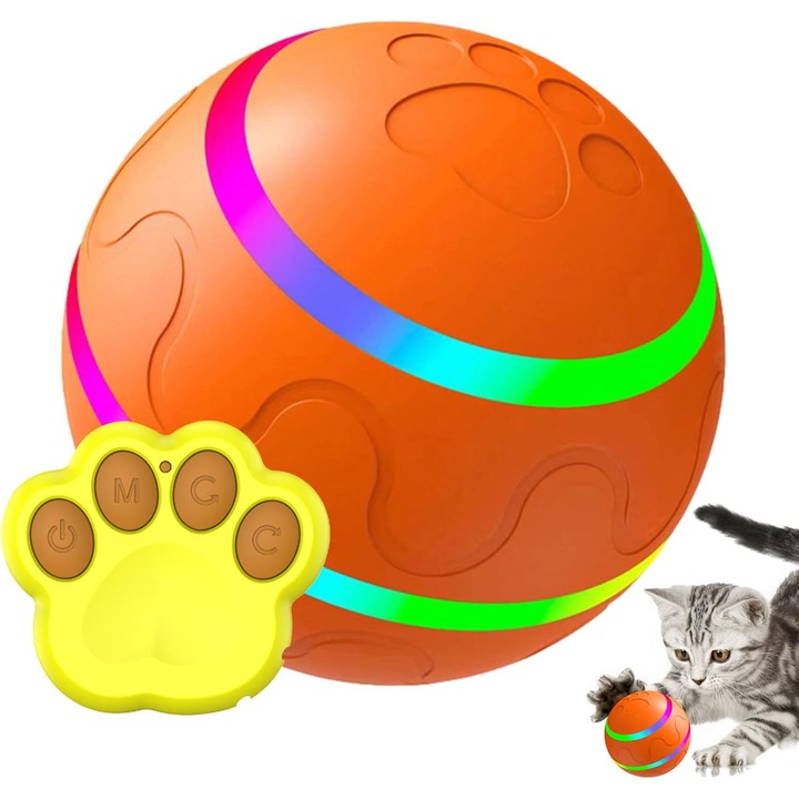 Jucarie smart pentru animale de companie, Minge Caini si Pisici SMART.80MM minge inteligenta controlata prin telecomanda,, rotire 360°, cu acumulator, potrivit pentru caini si pisici, rezistent la apa si lovituri, culoare portocalie