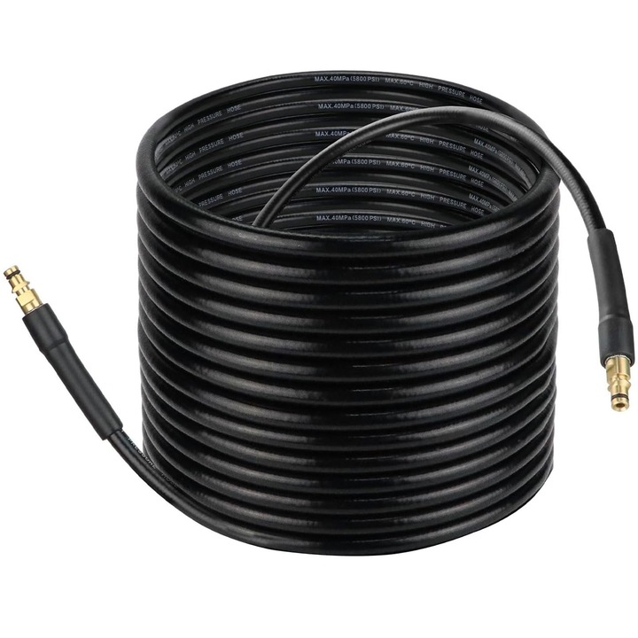 Furtun de spalat de inalta presiune total, SINBINTA, Furtun pentru curatarea tevilor de canalizare, Lungime 10m, Conexiune rapida, Combatibil cu Karcher, Presiune 5800psi, temperatura maxima 60C, Racorduri din alama, Cauciuc, Negru