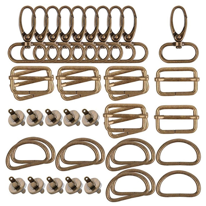 Set 40 bucati accesorii metalice pentru genti, SINBINTA, Catarame de ajustare, Durabile, Rezistent la rugina si uzura, Constuctie robusta, Cu D-ring metal, inchizatoare geanta, rotativa pentru poseta, Reglatori pentru genti si accesorii, Bronz