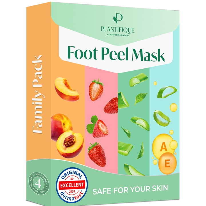 Masca Exfolianta pentru Picioare, 4 Perechi Mix – Tratament pentru Calcaie Crapate si Dureroase, Indeparteaza Pielea Uscata si Bataturile pentru Picioare Fine – Testata Dermatologic, Plantifique