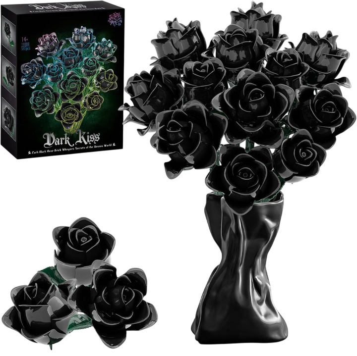 Csokorépítő kocka készlet, 585 darabos, 12 fekete rózsa, három virágzó forma, ABS, fekete