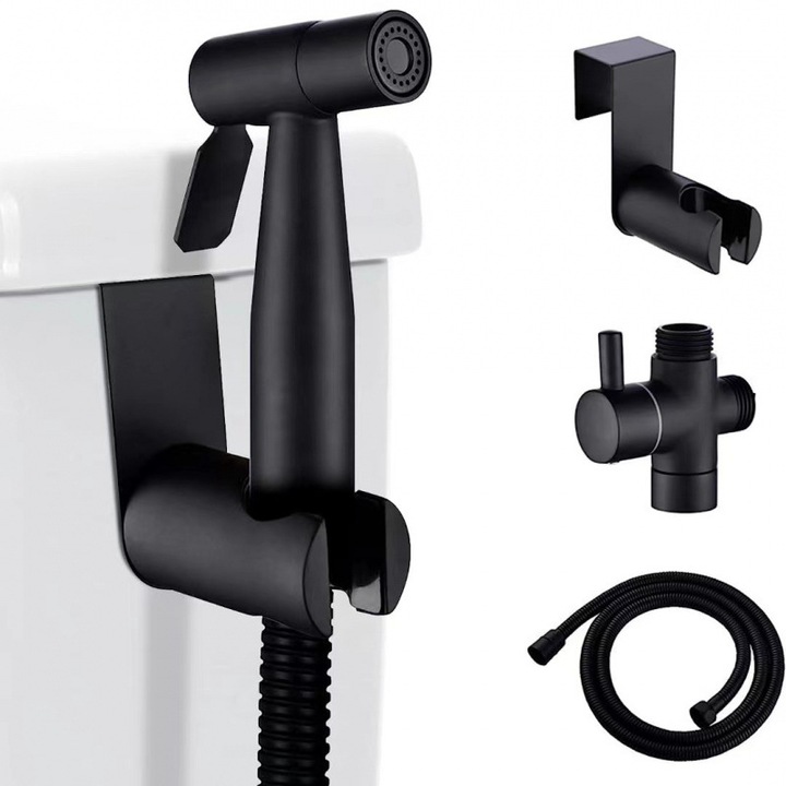 Душ комплект за интимна хигиена, Смесител за биде и тоалетна от неръждаема стомана, Душ слушалка, Маркуч, Смесител, Стойка, Регулируемо налягане, Черен