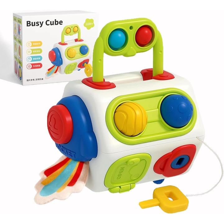 Cub educativ Busy Cube pentru copii de 1 an, jucarie Montessori – cadou ideal pentru baieti si fete de 1 an – jucarie de calatorie cu avionul sau masina pentru copii 6–18 luni – jucarie educativa timpurie