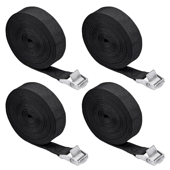 Комплект от 4 каишки, SINBINTA, с тресчотка, Регулируема, Лесна за употреба, Устойчива на износване, Не се къса лесно, За връзване/закрепване на спални чували, раници, товари в кола, Полиестер, 2.5x500 см, Черна