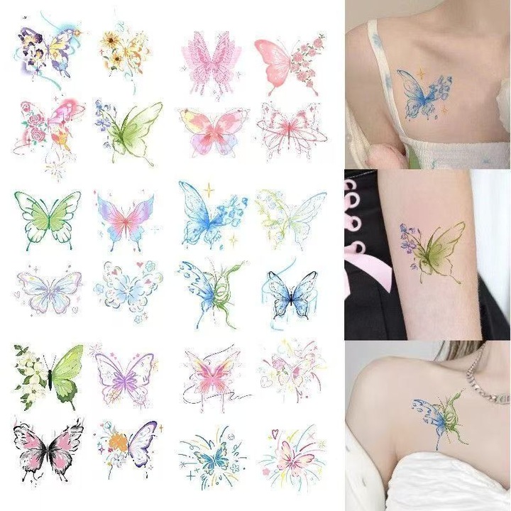 Set 24 de autocolante pentru tatuaje, Model fluture，Non-toxice si sigure, Usor de utiliat si indepartat, Pentru brate, Dosul mainii, Picioare, Gat