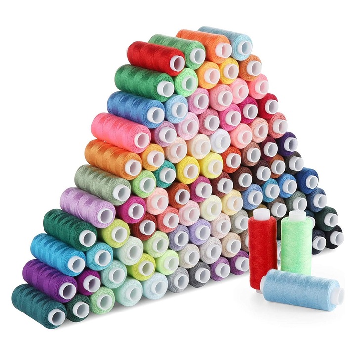Set 100 fire de cusut colorate, SINBINTA, Articole cusut, Rezistenta la rupere, Moale la atingere, Rezistent si durabil, Nu se micsoreaza si nu se estompeaza, Pentru calator, reparatii de urgenta, Poliester, 6x2cm, Multicolor