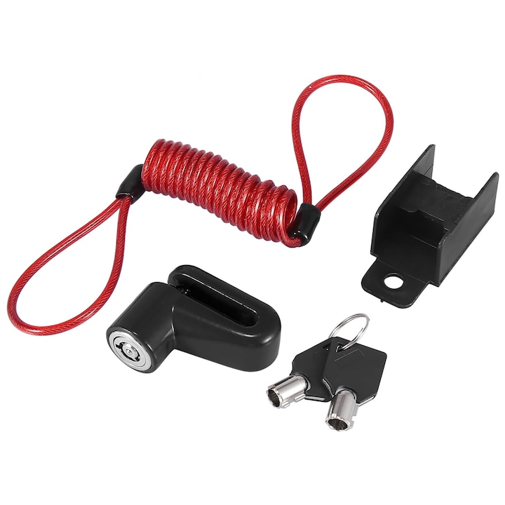 Dispozitiv de blocare antifurt, SINBINTA, Lock antifurt pentru disc de frana cu cadru, 2 chei de securitate, Rezistent la apa, Portabil, Anti rugina, Pentru biciclete, motociclete, Cablu de reamintire de 1.5 m, PVC si sarma de otel, Negru/Rosu