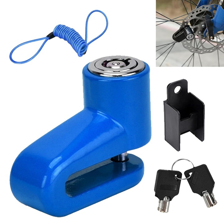 Dispozitiv de blocare antifurt, SINBINTA, Lock antifurt pentru disc de frana cu cadru, 2 chei de securitate, Rezistent la apa, Portabil, Anti rugina, Pentru biciclete, motociclete, Cablu de reamintire de 1.5 m, PVC si sarma de otel, Albastru