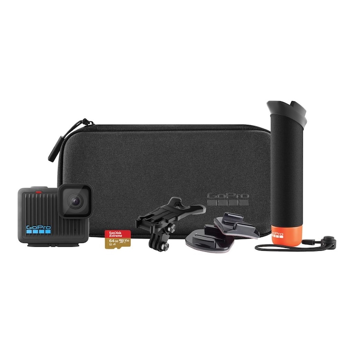 Camera video de actiune, GoPro, HERO 4K Specialty Bundle, 4K 30 fps, 12MP, Ecran LCD 1.76", Stabilizare HyperSmooth, Wi-Fi, Bluetooth, Card 64GB, Waterproof, 5m, Negru
