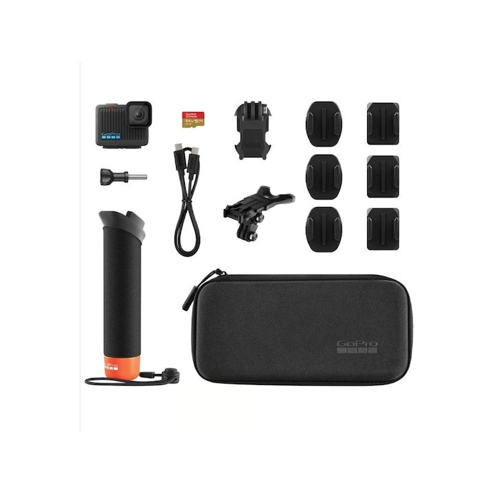 Camera video de actiune, GoPro, HERO 4K Specialty Bundle, 4K 30 fps, 12MP, Ecran LCD 1.76", Stabilizare HyperSmooth, Wi-Fi, Bluetooth, Card 64GB, Waterproof, 5m, Negru