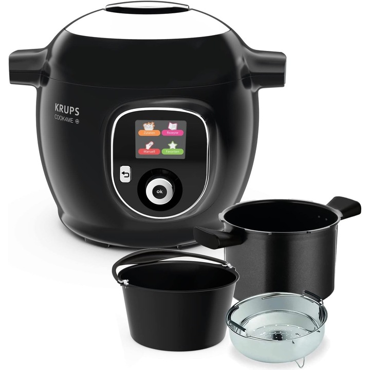 Интелигентен мултикукър KRUPS Cook4Me+COOK4ME+ Gourmet, 150 предварително зададени рецепти, 6 л, незалепващ съд за готвене, тава за печене и вложка за готвене на пара от неръждаема стомана, тенджера под налягане с функция за поддържане на топлината, черна