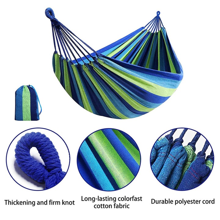 Hamac dublu, potrivit pentru terasa, curte sau gradina, cu o capacitate de incarcare de 200 kg, dimensiuni 200 x 150 cm, pentru relaxare si divertisment, albastru-verde