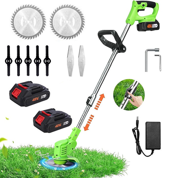 Masina electrica profesionala de tuns iarba cu 2 baterii de 48V, brat reglabil, 2 lame, 1 disc de taiere, autonomie 4 ore, culoare verde