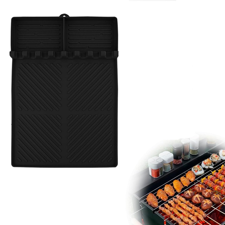 BBQ eszköztartó, szilikon, szilikon grillserpenyő lefolyószőnyeggel, spatula alátét kültéri grillezéshez, konyhapult, fekete