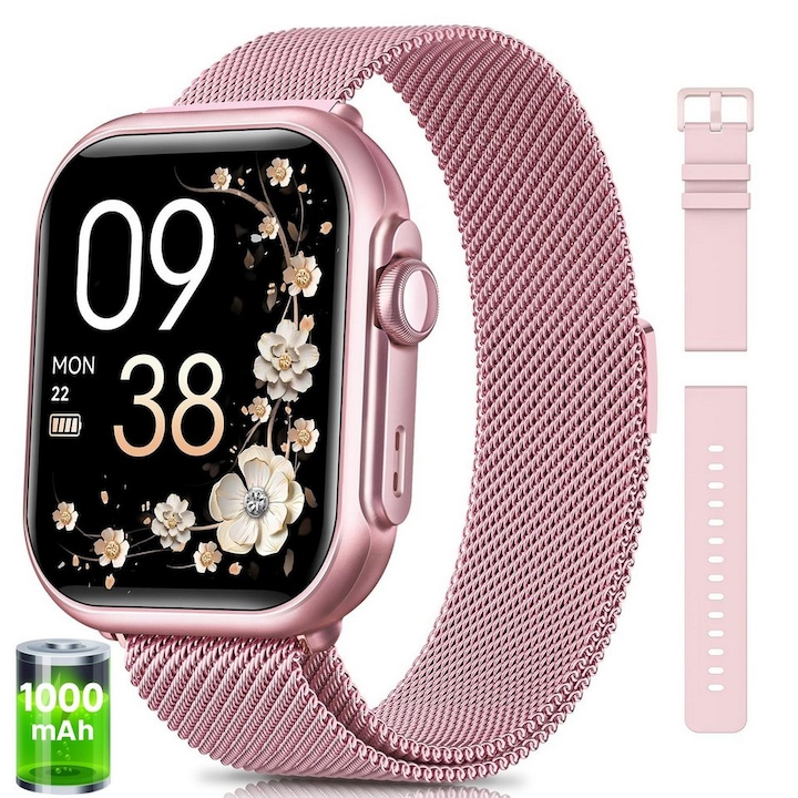 Ceas Smartwatch Dama FOSMET®, 1000 mAh Baterie, 100 Zile Standby Autonomie, 1,83" AMOLED Ecran, Apeluri Bluetooth 5.3, 2 Curele, 120+ Moduri Antrenament, Sanatatea Femeilor/Tensiune Arteriala/Ritm Cardiac/Spo2/Somn, IP68, Roz, Cadoul Perfect