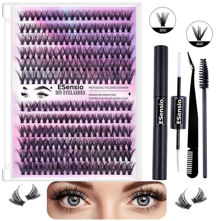 Комплект индивидуални изкуствени мигли ESensio 240P с кичури, 240 мигли, 30D, 40D, изкуствени влакна, за многократна употреба, апликатор, пинсети и четка включени