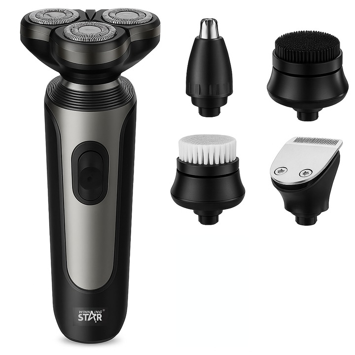 Aparat de Ras Electric 5-in-1 pentru Barbati, Trimmer pentru Barba, Tuns Par Nas, Perie de Curatare Faciala & Masaj, Utilizare Umeda/Uscata, Reincarcabil USB, Rezistenta la Apa IPX6