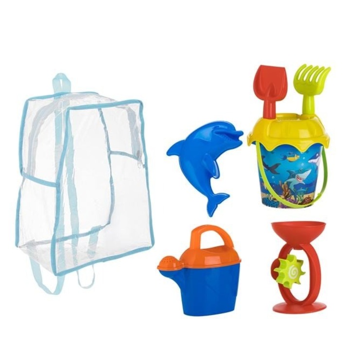 Set Rucsac Transparent cu Galetusa si Model Delfin, 5 Accesorii pentru Plaja – Jucarie de Nisip Copii Baieti/Unisex – ANTBRO®